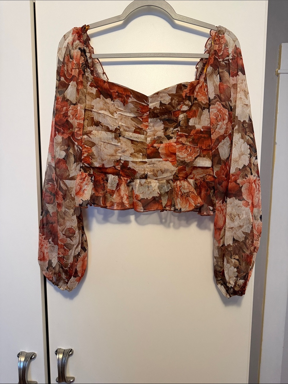 Rust Floral Puff-Sleeve Smocked Crop Blouse